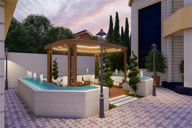 a rendering of a patio with a fountain
