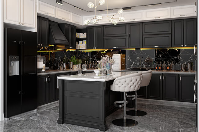 Classic kitchen with white cabinets and a chandelier