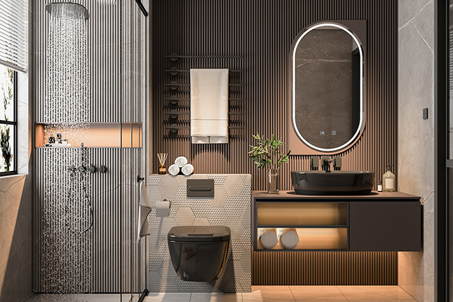 A modern bathroom vanity with a gray countertop, a black sink, and a mirror with a frame made of wood