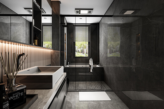 A bathroom vanity with a white countertop, a white sink, and a mirror with a frame made of wood.