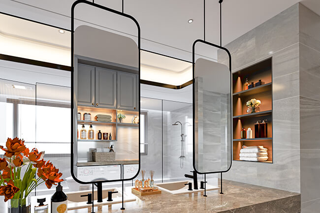 A photo of a couples' bathroom with a large vanity, a soaking tub, and a walk-in shower