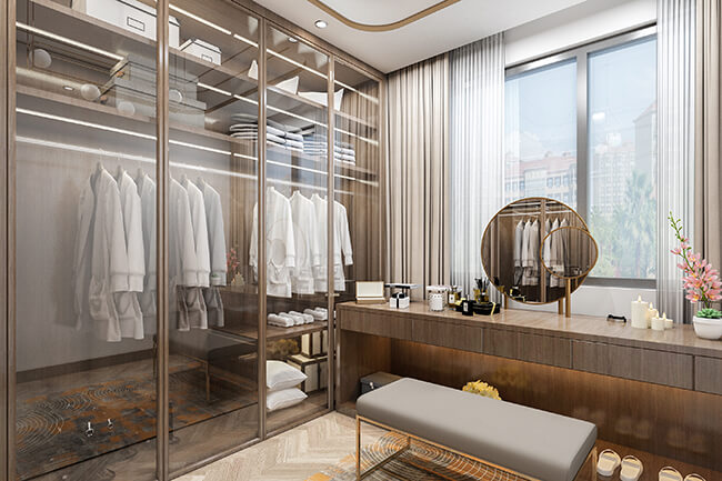 Modern dressing room wardrobe design by Royal Apex